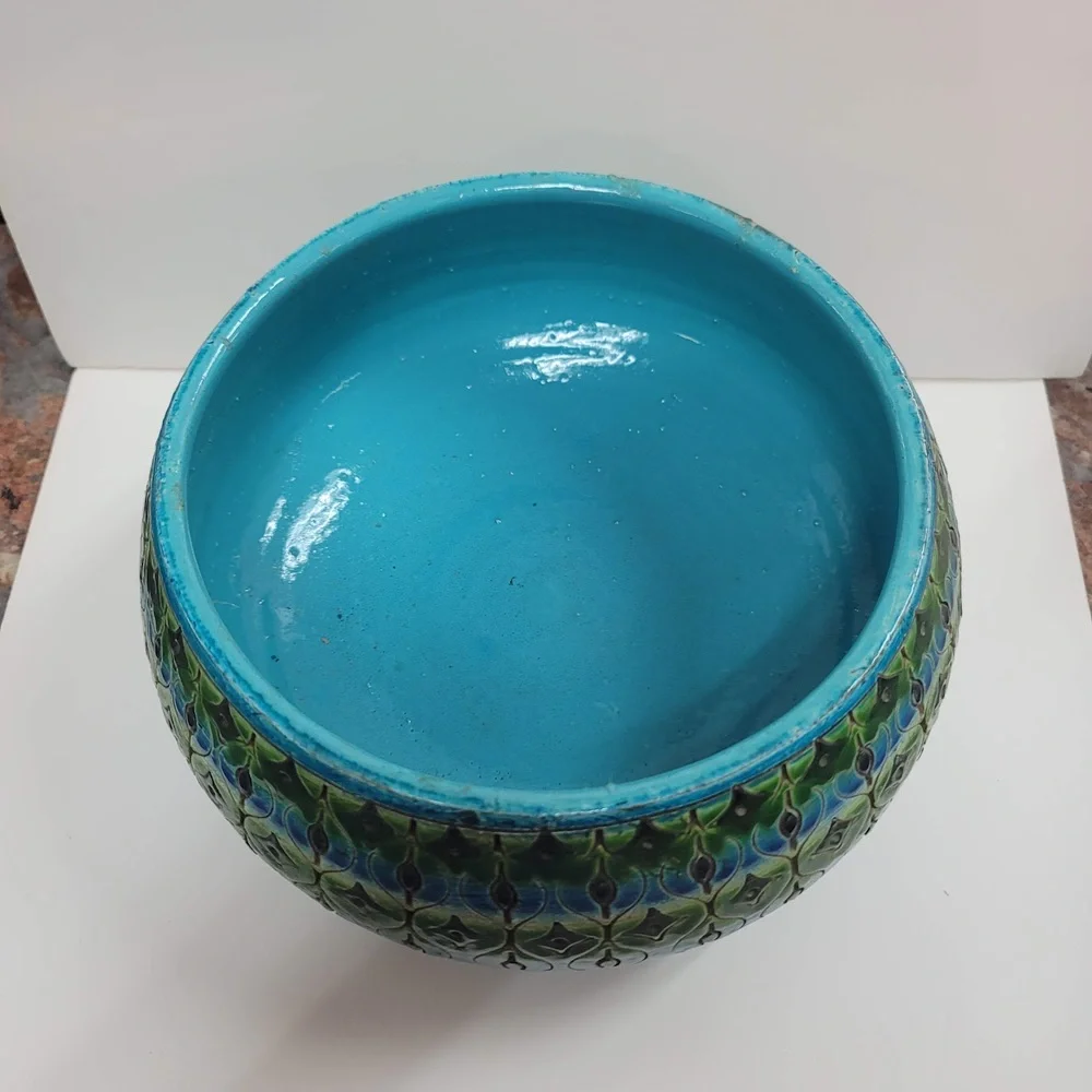 Bitossi Italy Console Bowl w/ Matching Candlestick Art Pottery Rimini blue Green